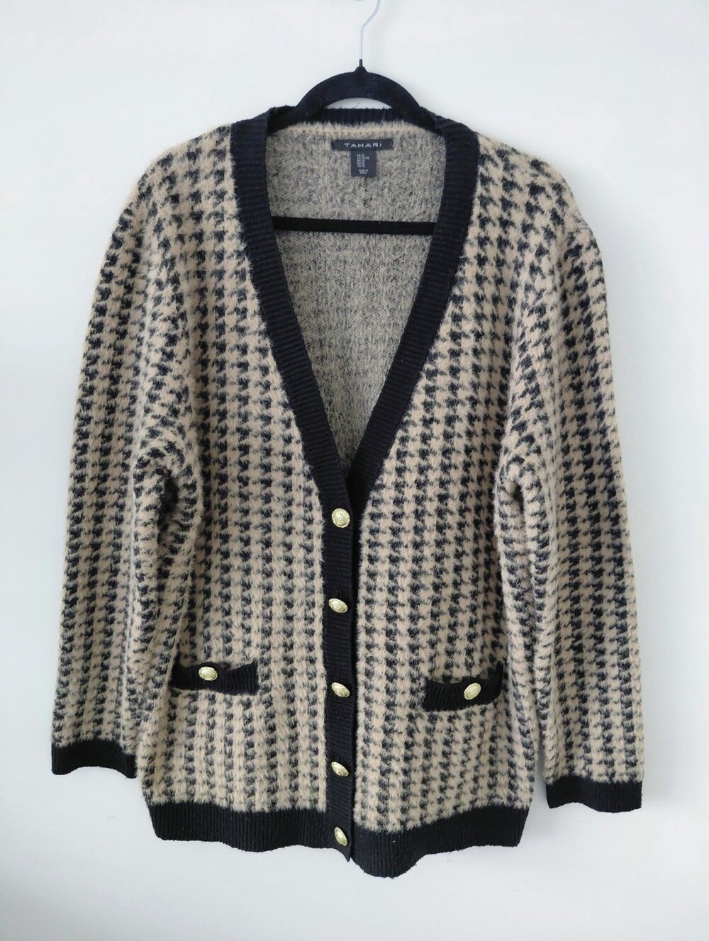 Tahari Houndstooth Fuzzy Knit Cardigan in Beige and Black